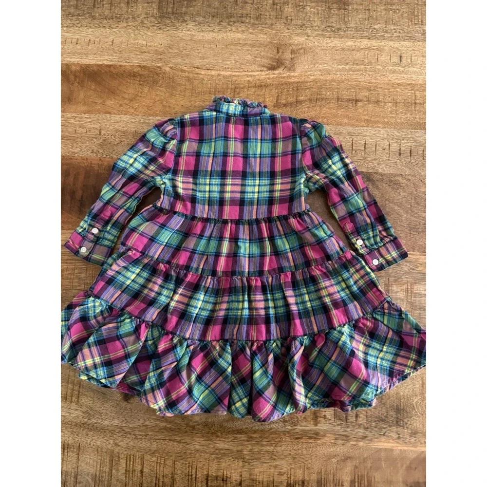 Ralph Lauren Baby Girls Plaid Dress 18M Multicolor Tiered Button Front Cotton